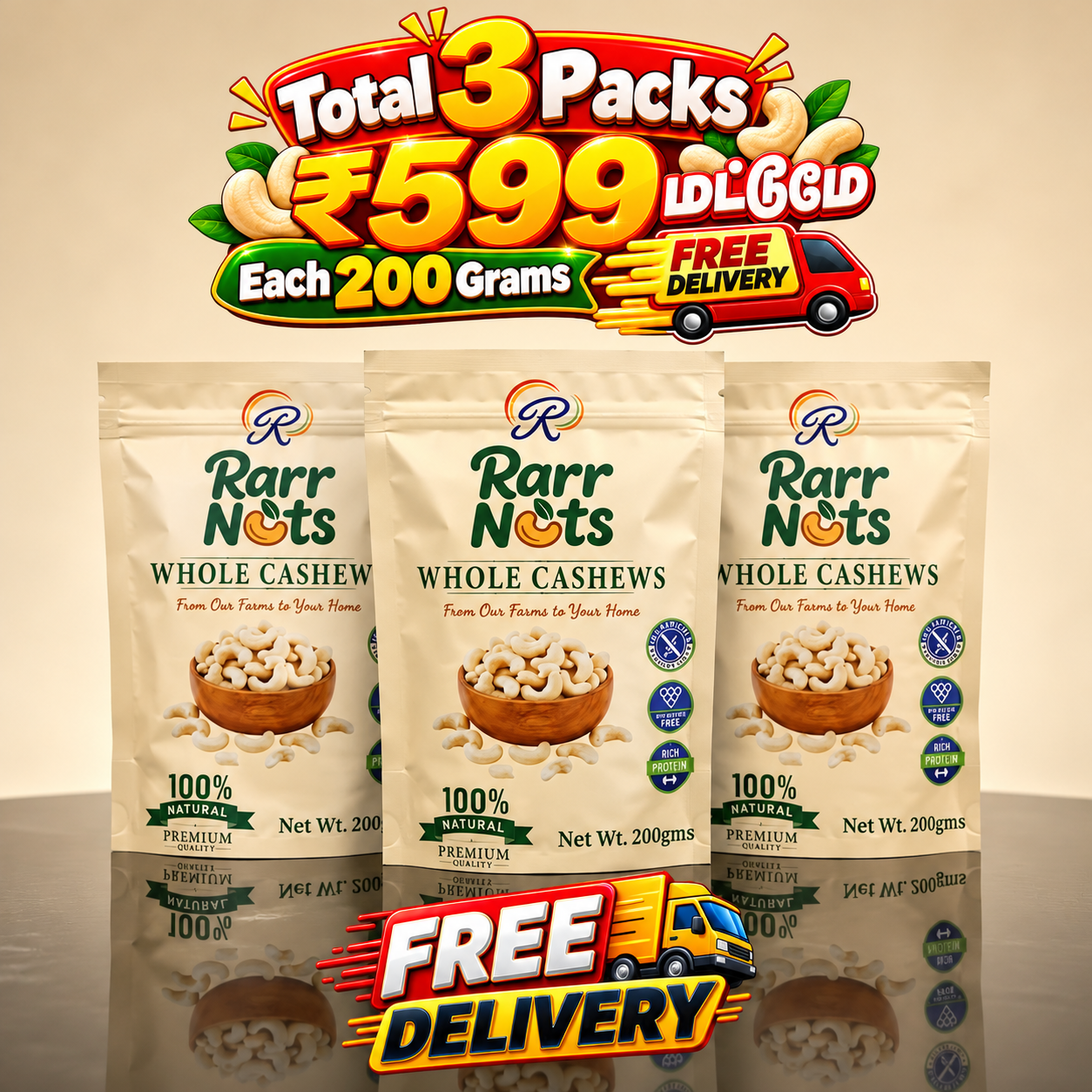 RARR NUTS Whole Cashews 3 X 200g, Whole Kaju, 100% Natrual Premium Cashews
